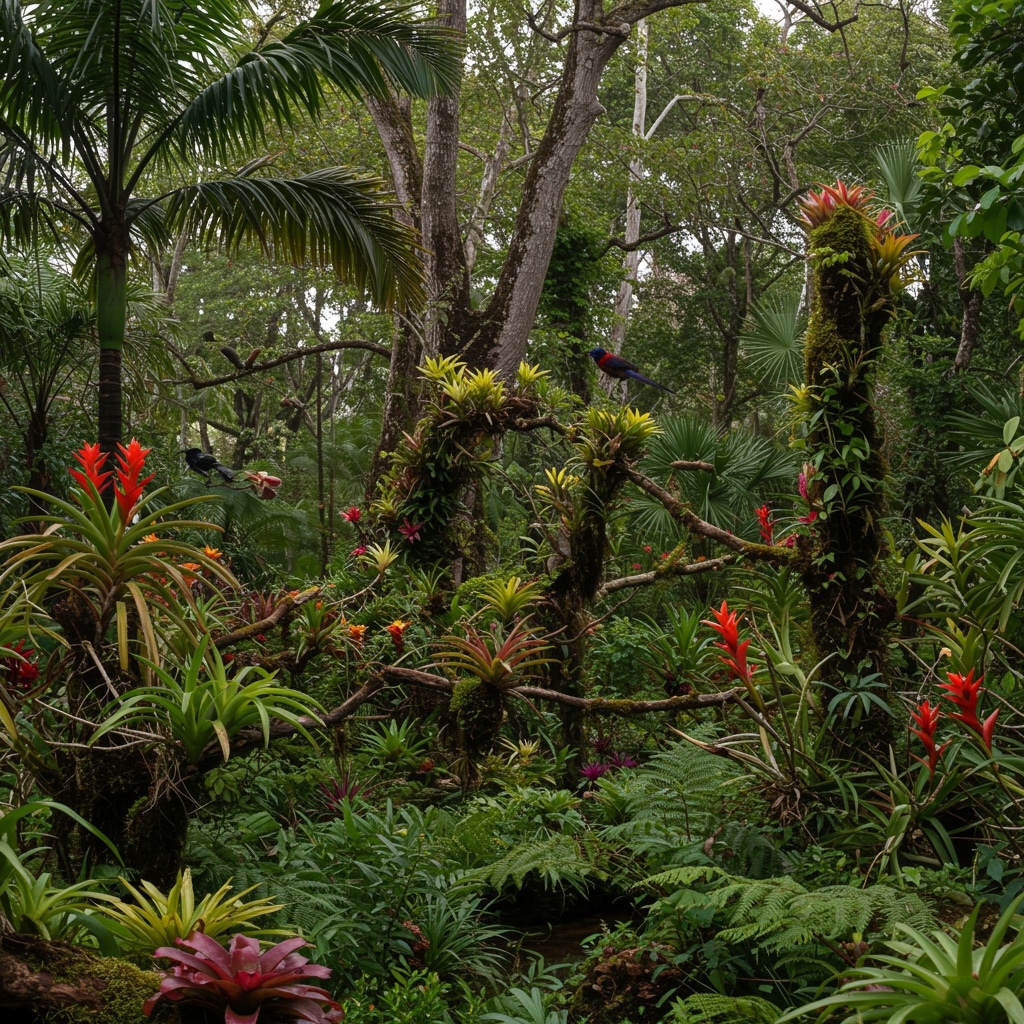 biodiversidade de flora e fauna no Jardim das Orquídeas com aves tropicais, pequenos mamíferos e vegetação exuberante