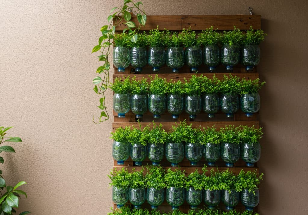 jardim vertical feito com garrafas PET e pallets