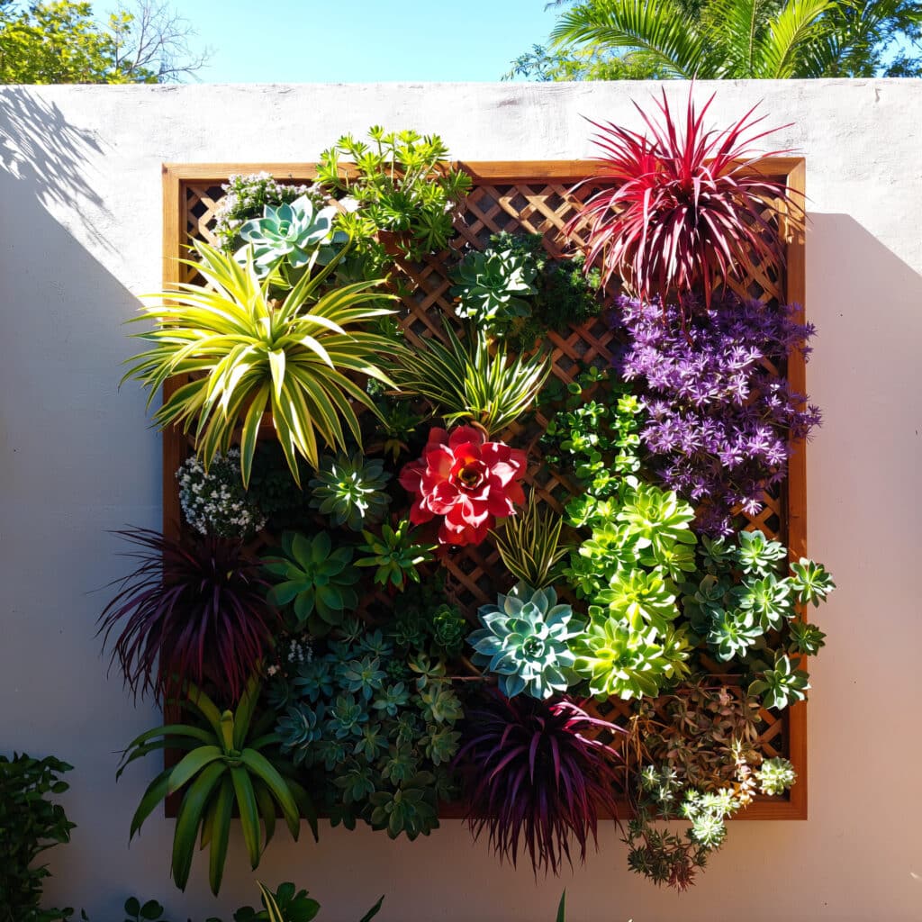 Plantas resistentes ao sol em jardim vertical externo.
