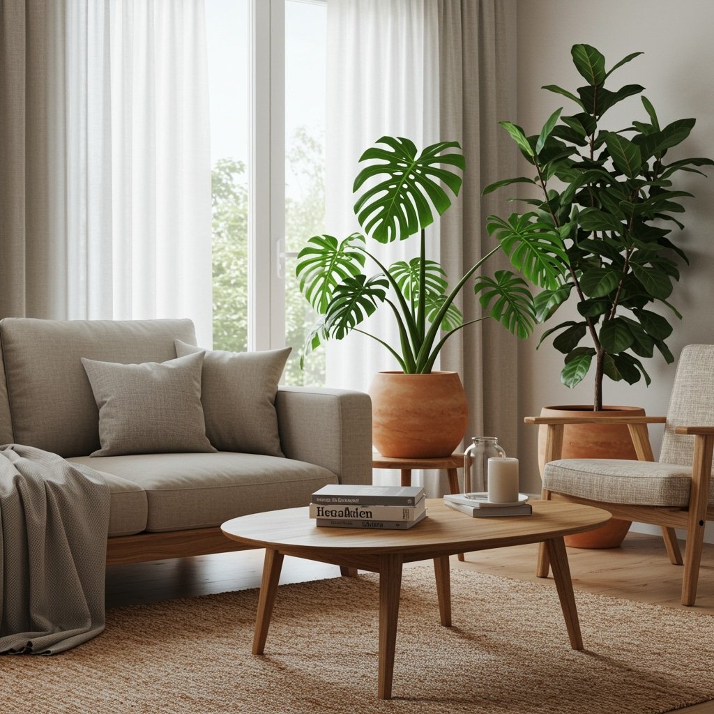 sala com decoração biofílica e plantas naturais