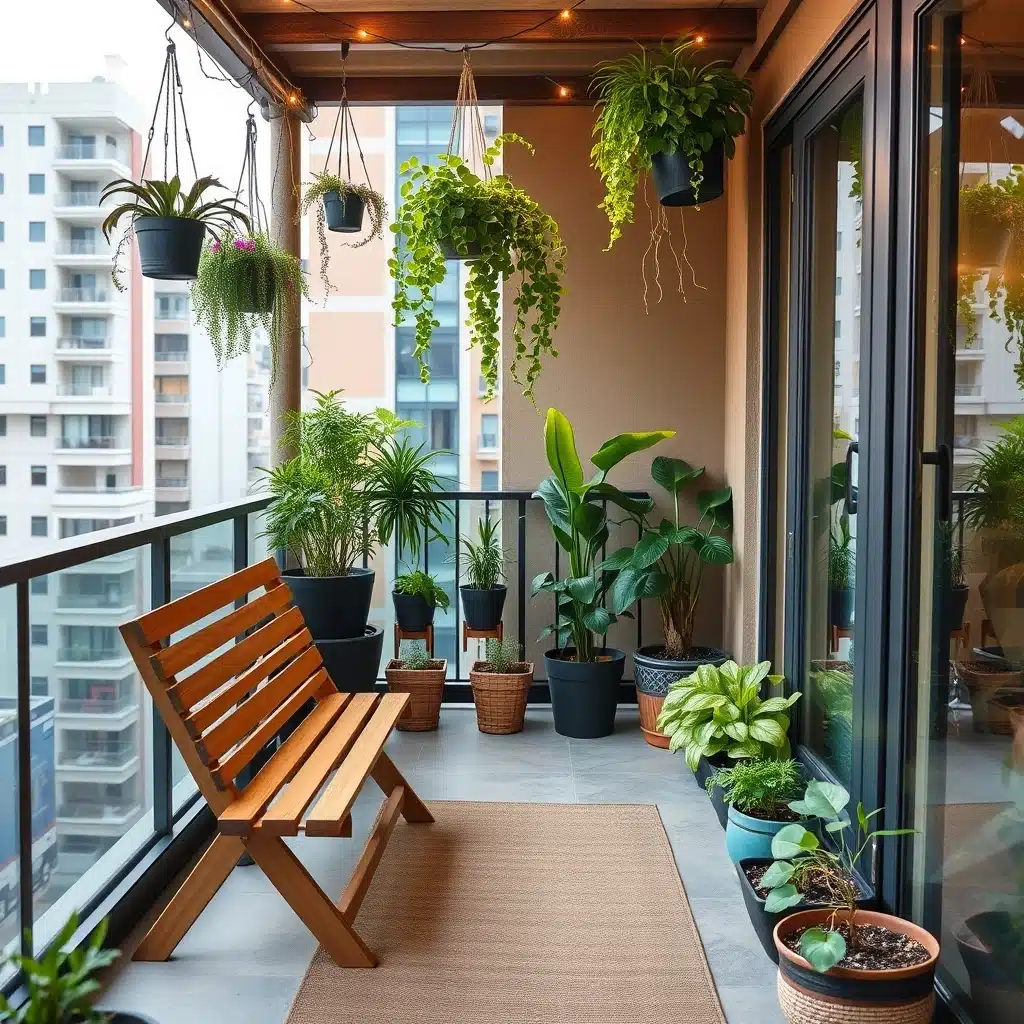 banco de jardim dobrável em varanda com plantas
