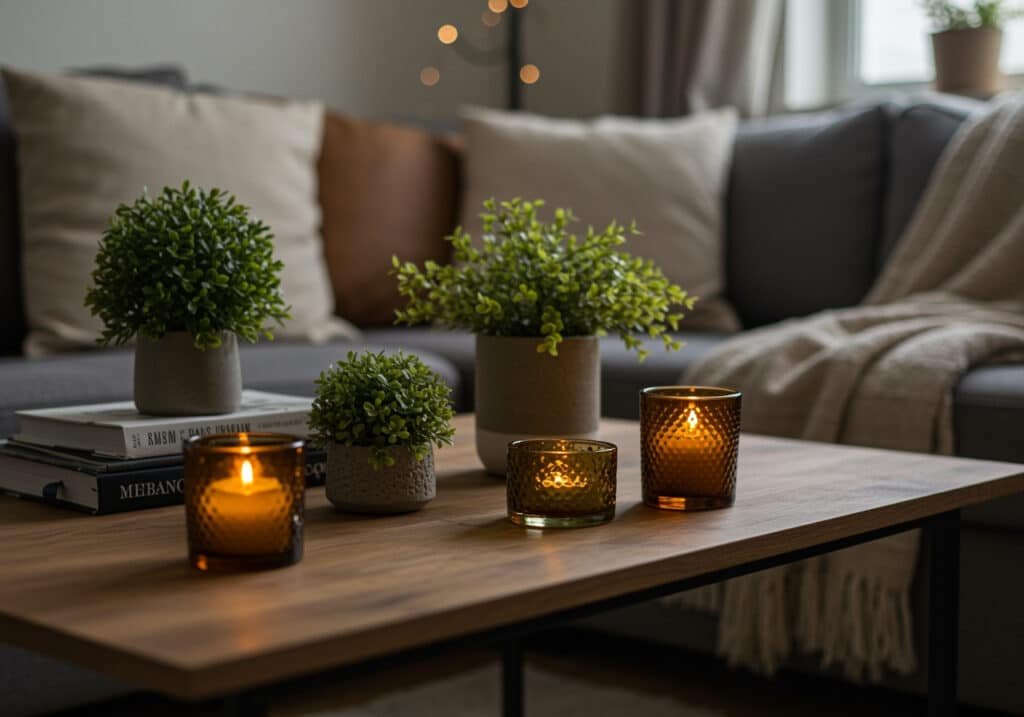 mesa de centro com plantas artificiais realistas
