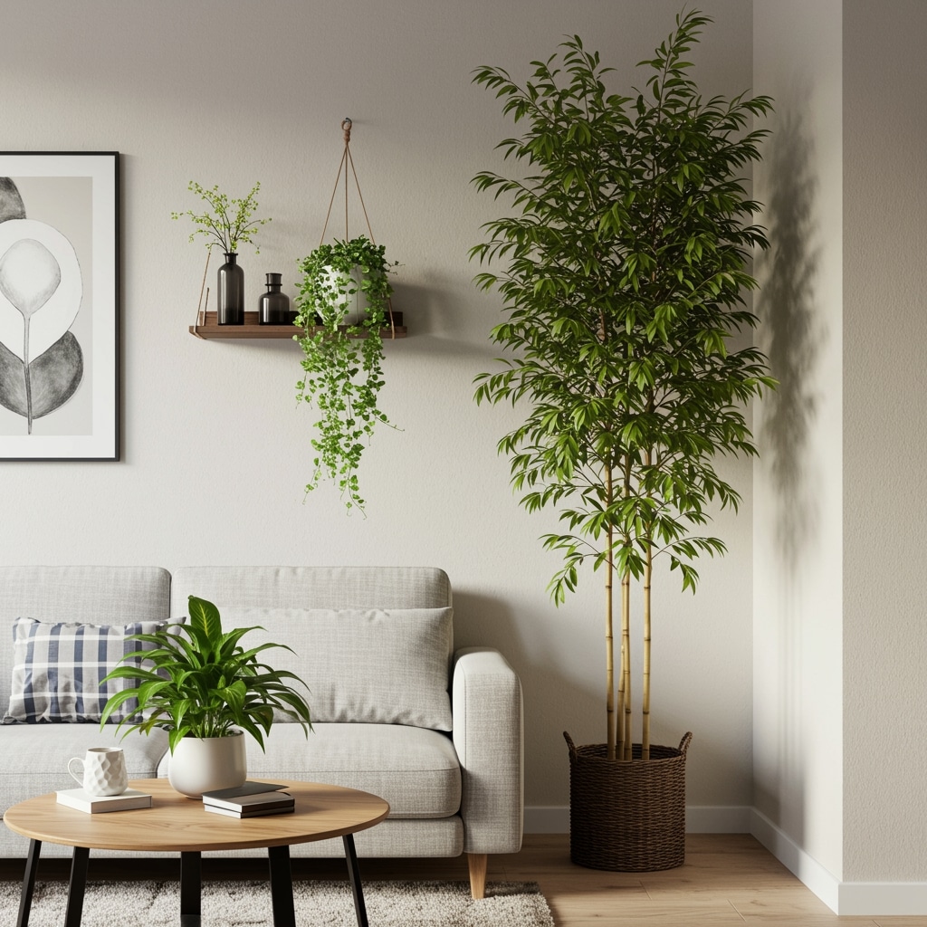 Decoração com planta artificial para sala em diferentes posições