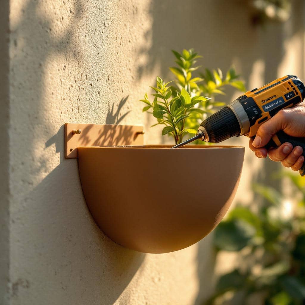 Fixação de vaso meia lua em parede de jardim vertical