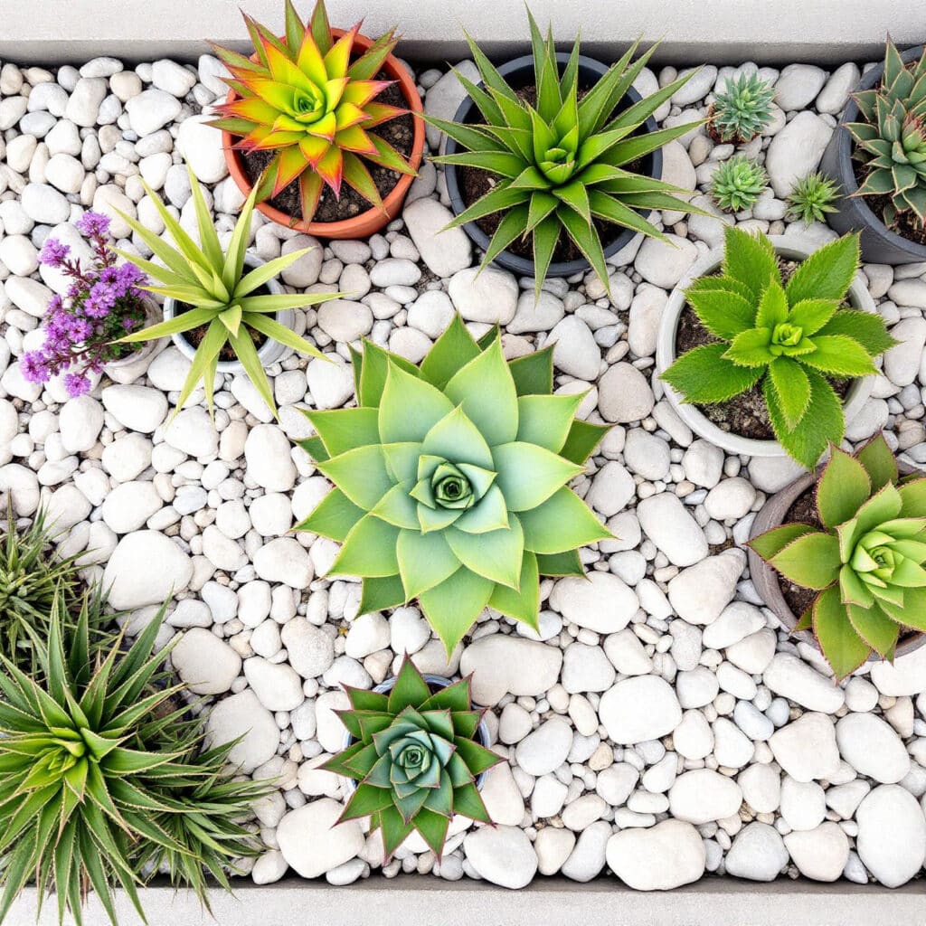 jardim com suculentas e pedras decorativas