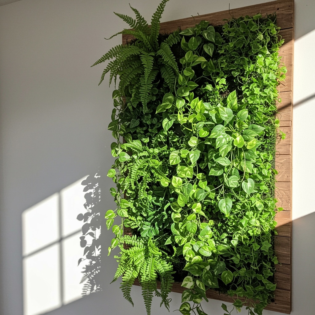 jardim vertical com plantas artificiais colgantes