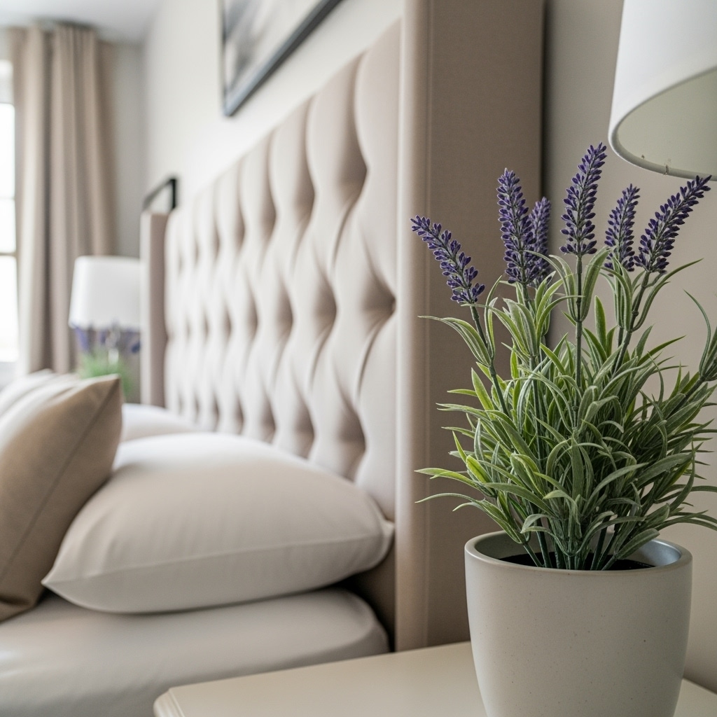 lavanda artificial em quarto decorado com tons neutros