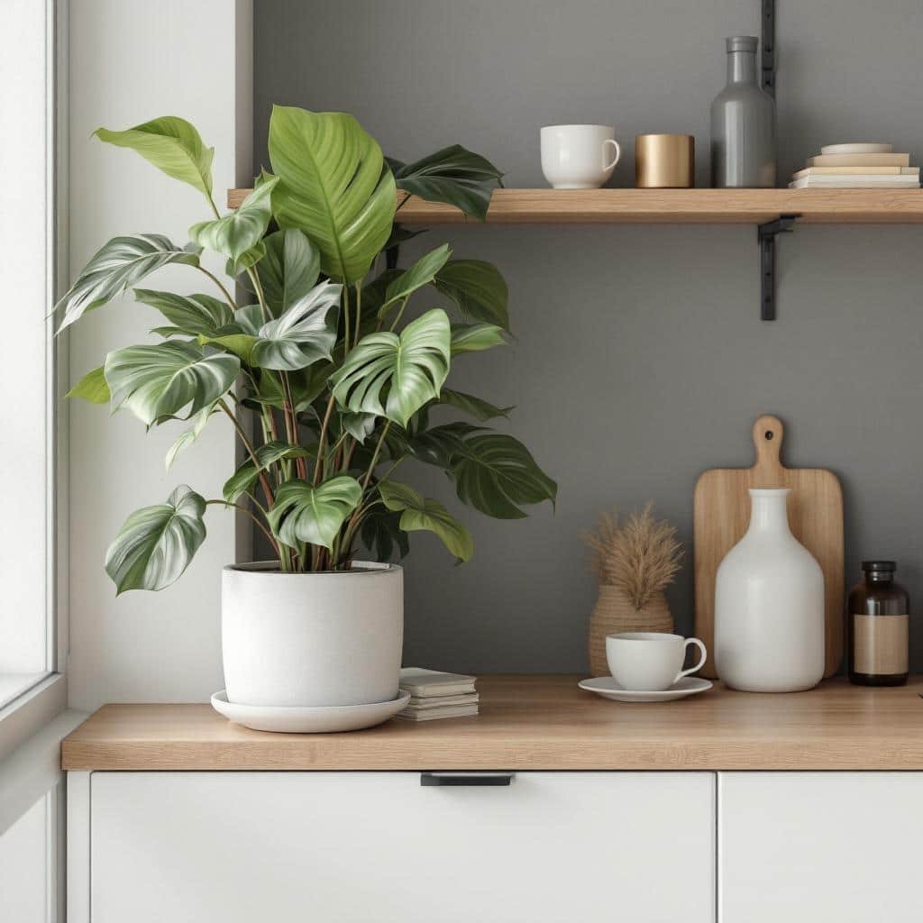 planta artificial em prateleira de cozinha minimalista