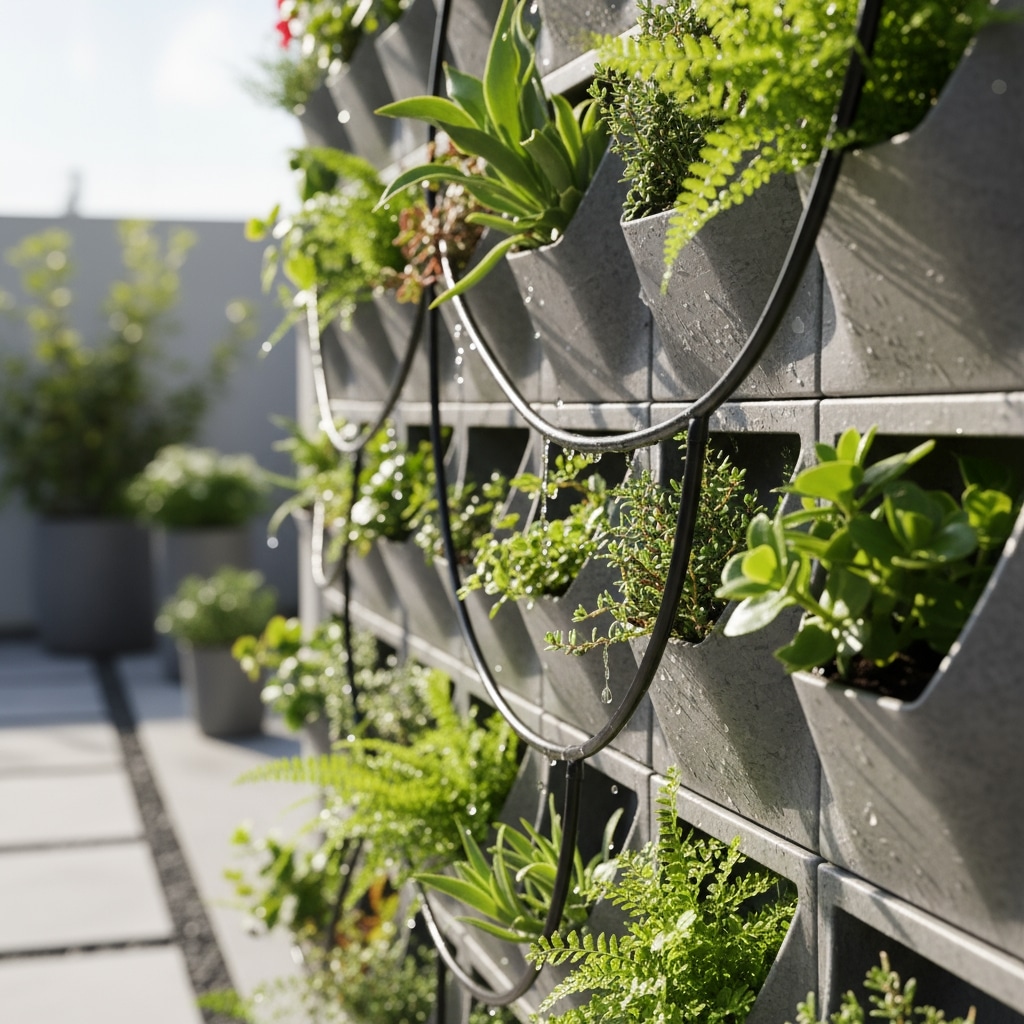 Sistema de irrigação por gotejamento em jardim vertical externo.