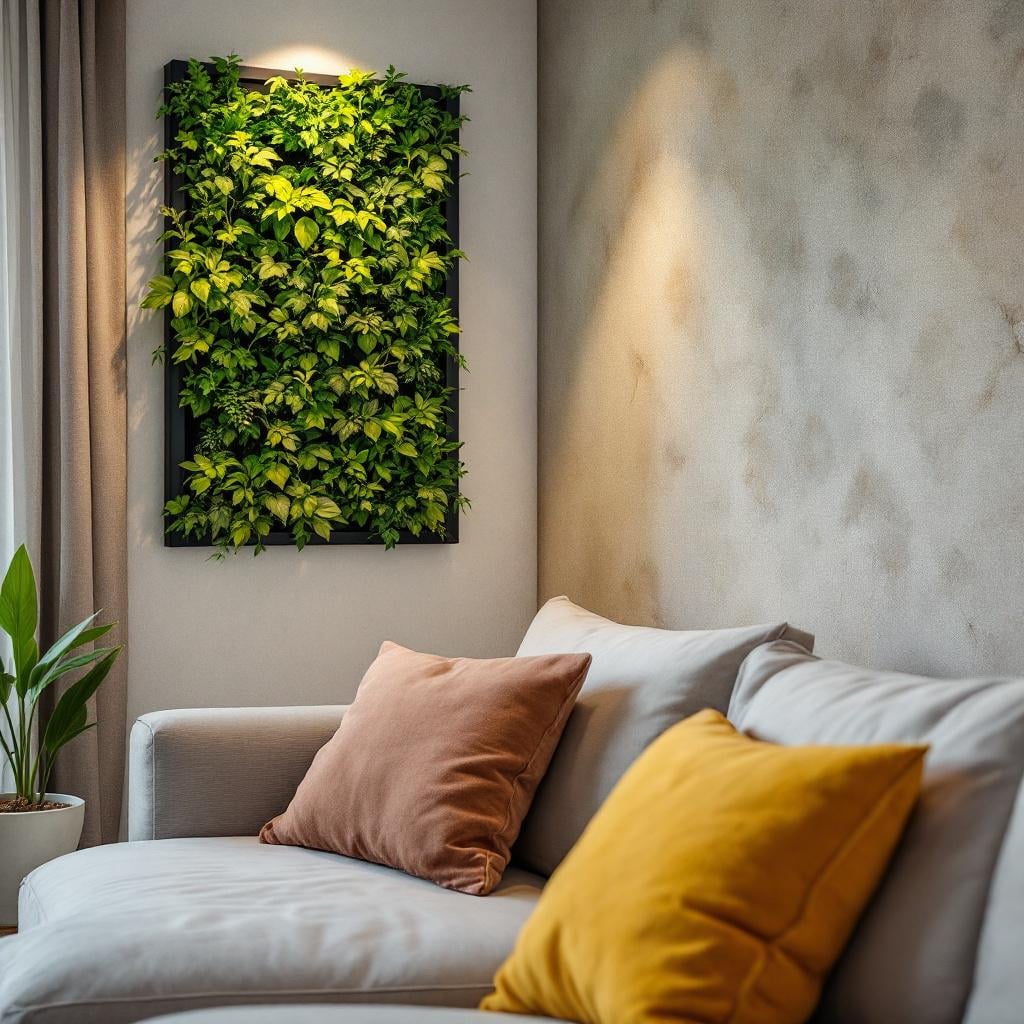 sala com jardim vertical artificial decorativo