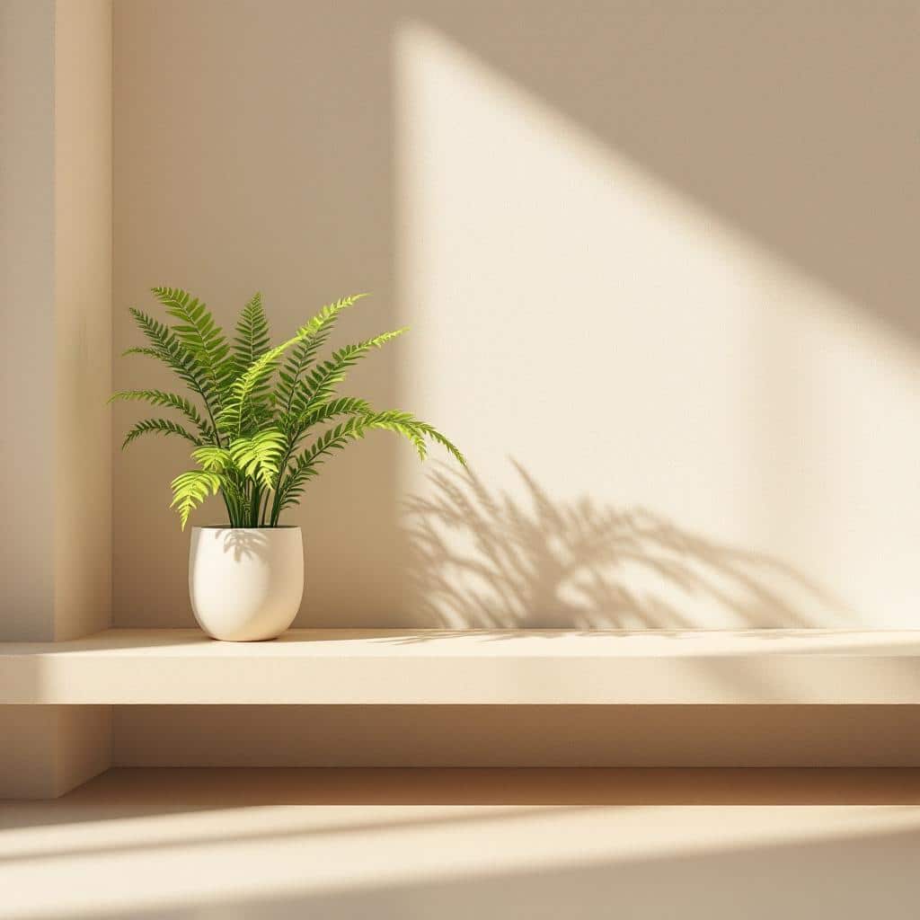 samambaia artificial decorando ambiente neutro minimalista