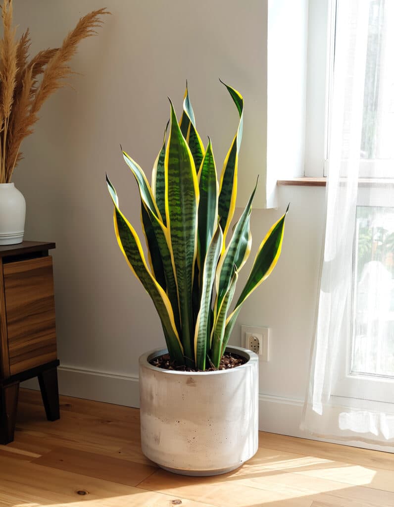 Espada-de-São-Jorge artificial em vaso de cimento moderno, em sala minimalista iluminada por luz natural.