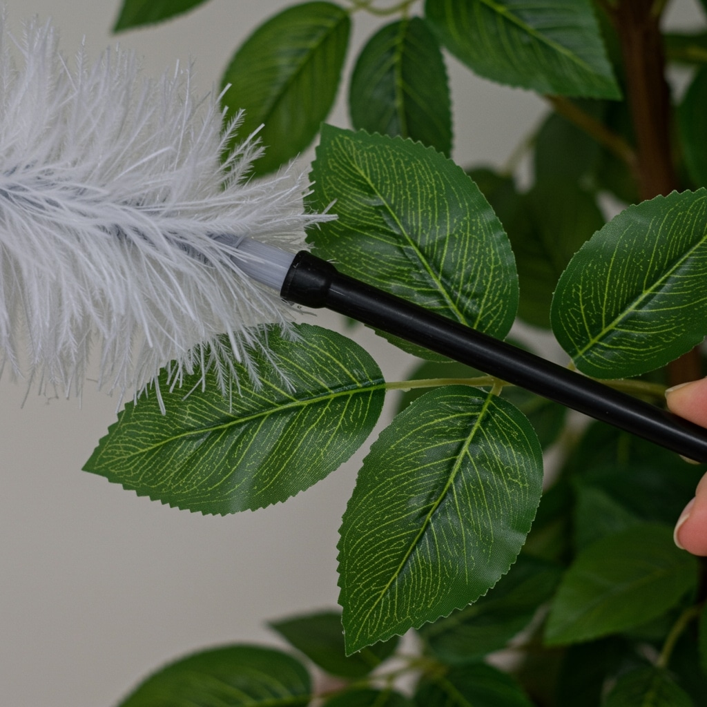 Limpeza a seco de plantas artificiais com espanador