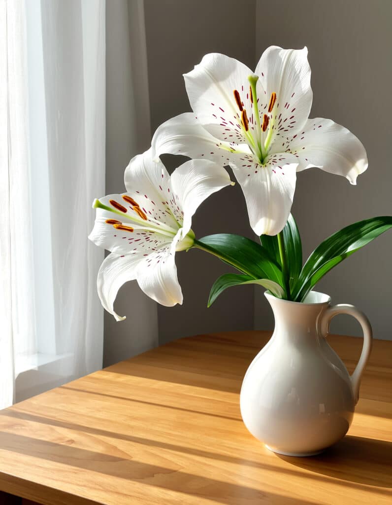 Lírio artificial branco em vaso de cerâmica sobre mesa de madeira, em ambiente iluminado e elegante.