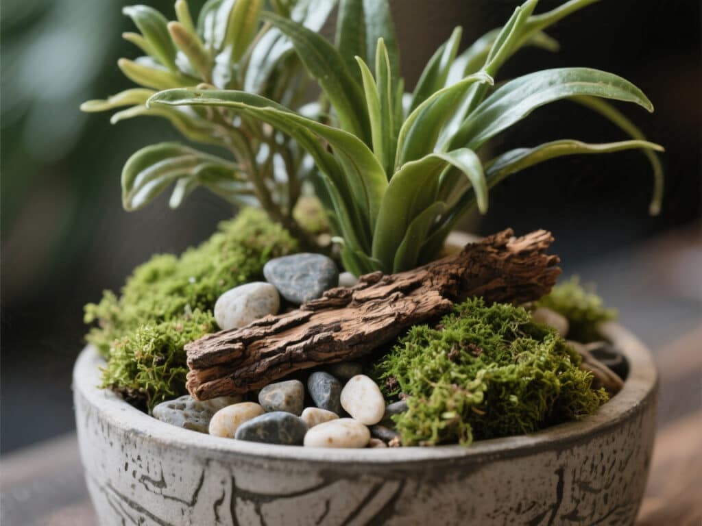 montagem realista de vaso com planta artificial