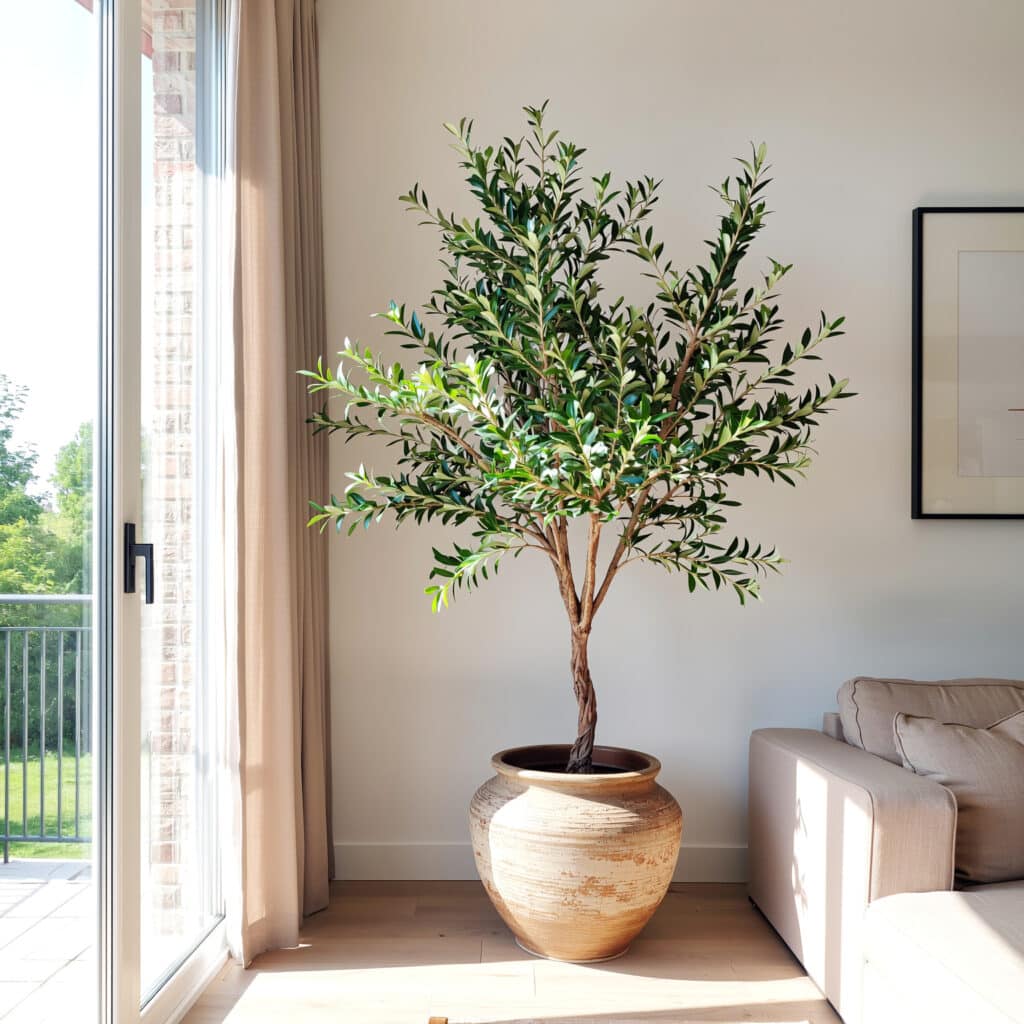 A oliveira artificial grande é perfeita para decorações em tons neutros