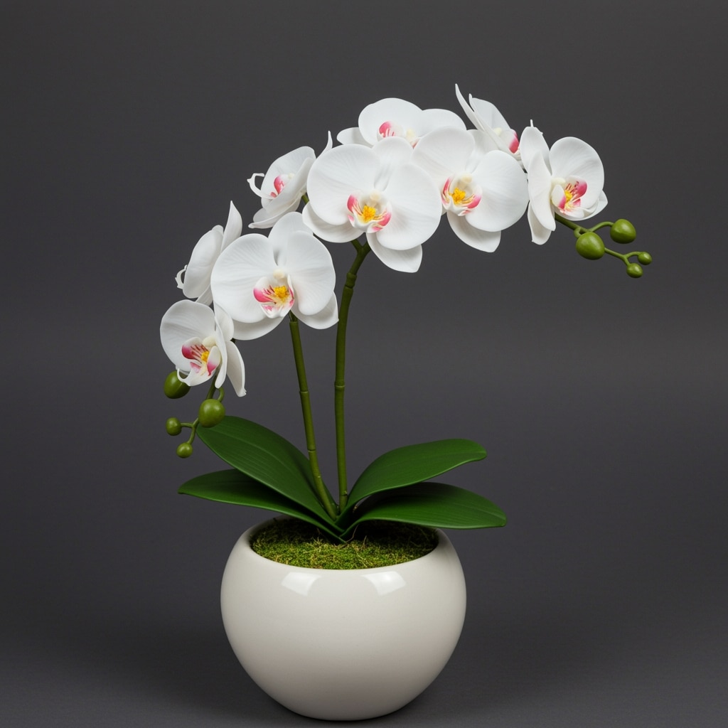Orquídea artificial realista em vaso decorativo