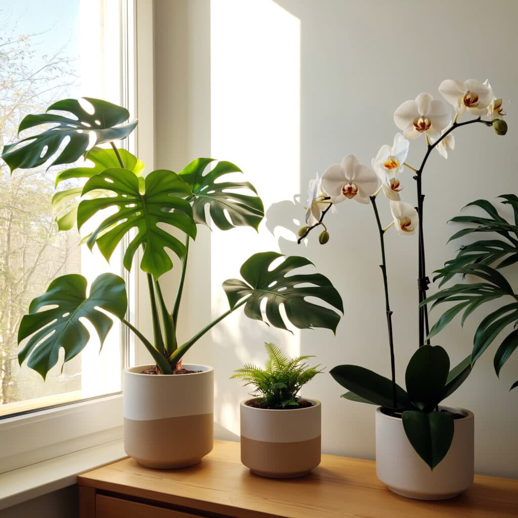Plantas artificiais que parecem naturais em sala moderna
