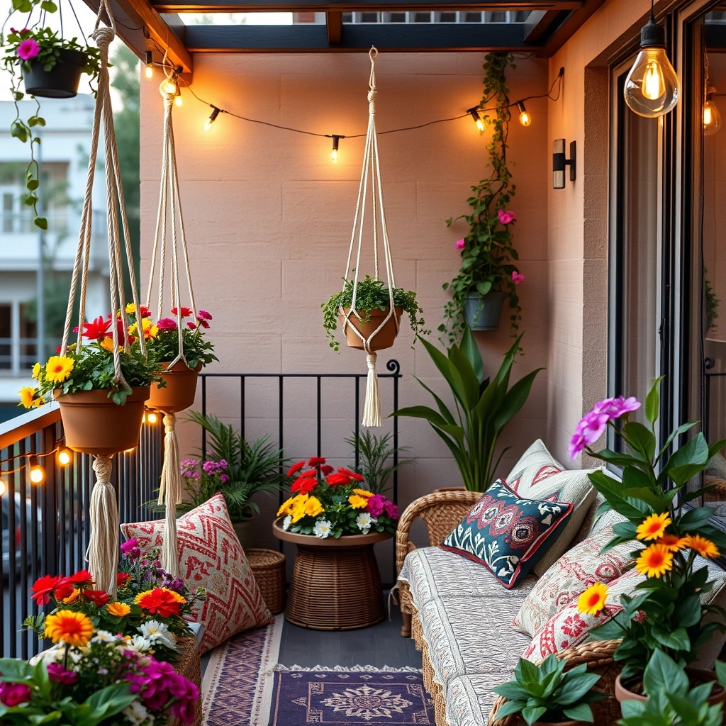 Jardim suspenso boho chic com suportes de macramê coloridos.