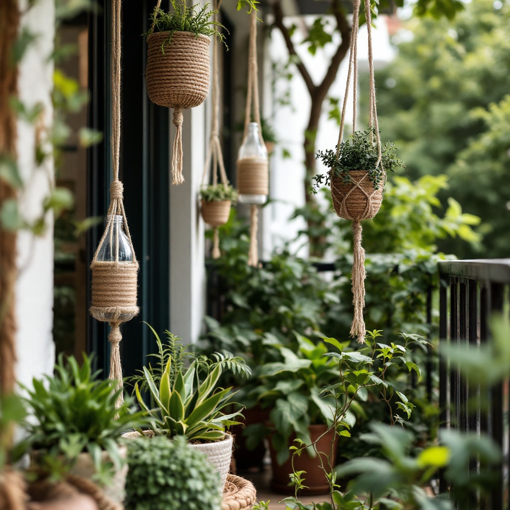Jardim suspenso boho com garrafas recicladas em cordas.