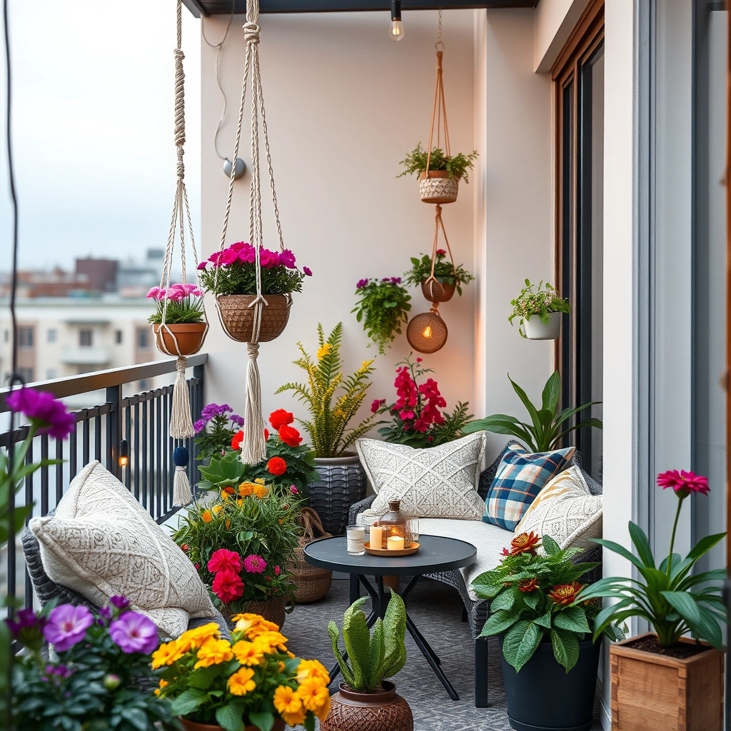 Jardim suspenso boho chic com suportes de macramê coloridos.