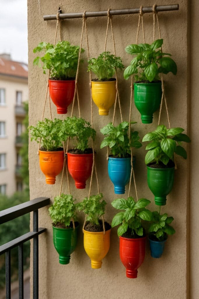 Jardim suspenso com garrafas PET coloridas.