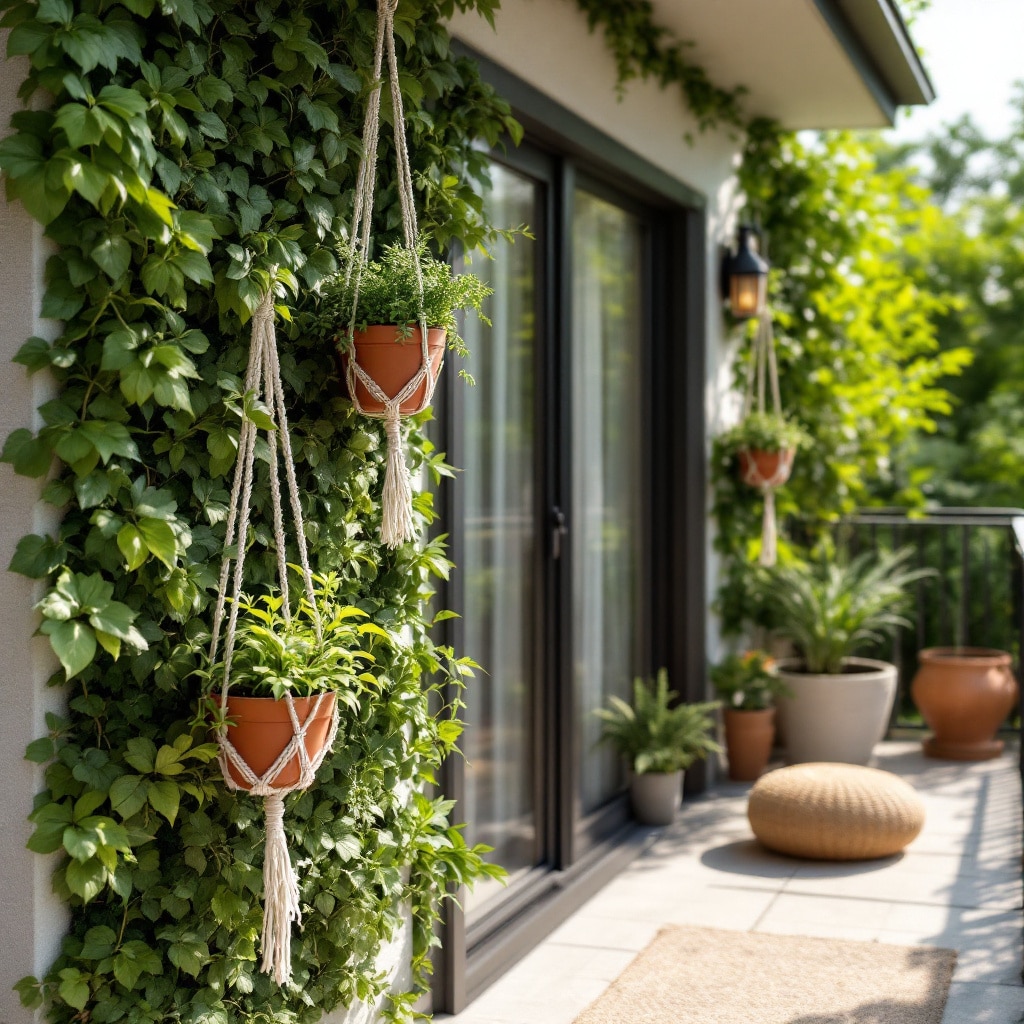 Varanda com jardim vertical e vasos suspensos tradicionais.