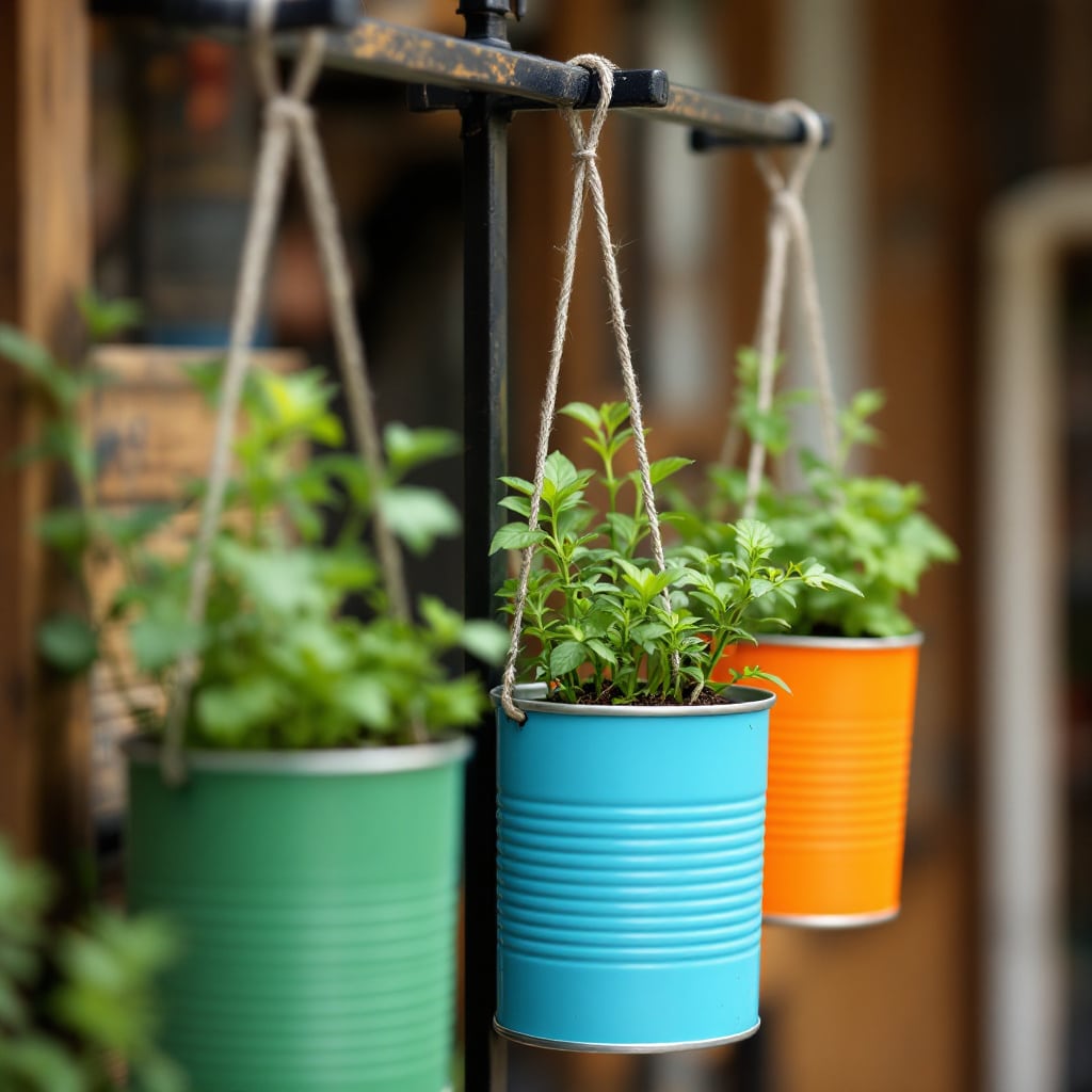 Latas recicladas usadas como vasos suspensos.