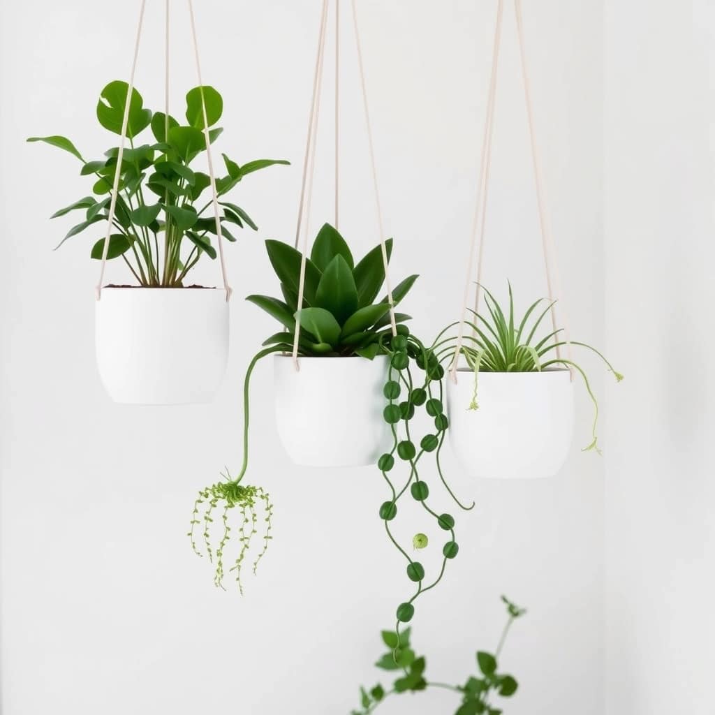 Jardim suspenso minimalista com vasos brancos.