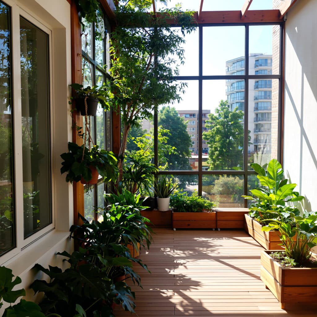 Jardim suspenso moderno em varanda de apartamento.