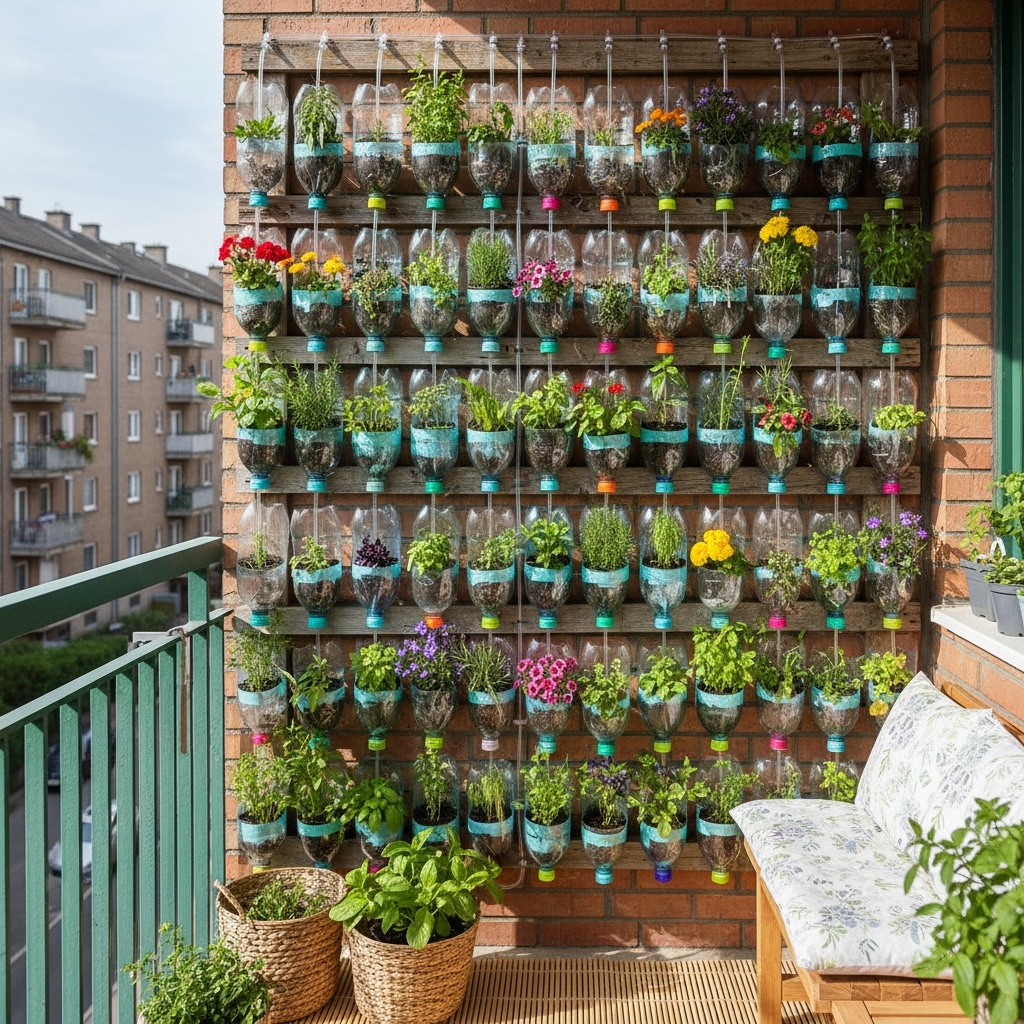 Jardim suspenso feito com garrafas PET recicladas.