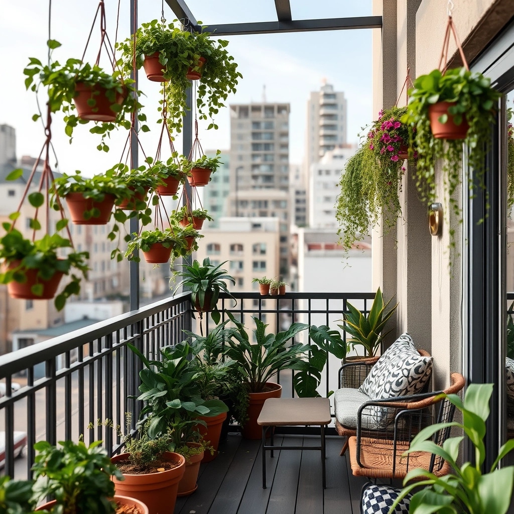 Jardim suspenso na varanda de apartamento pequeno.