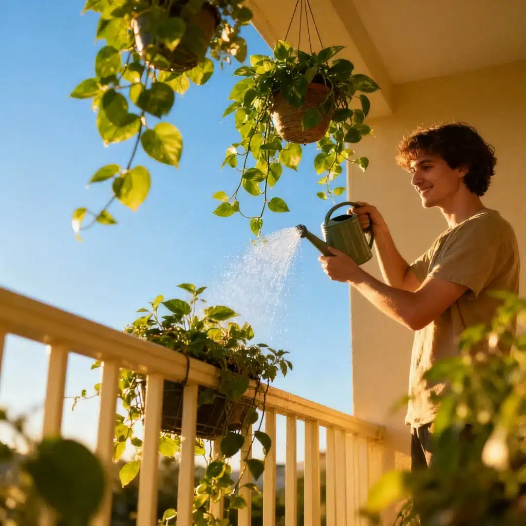 Rega de plantas suspensas no verão.
