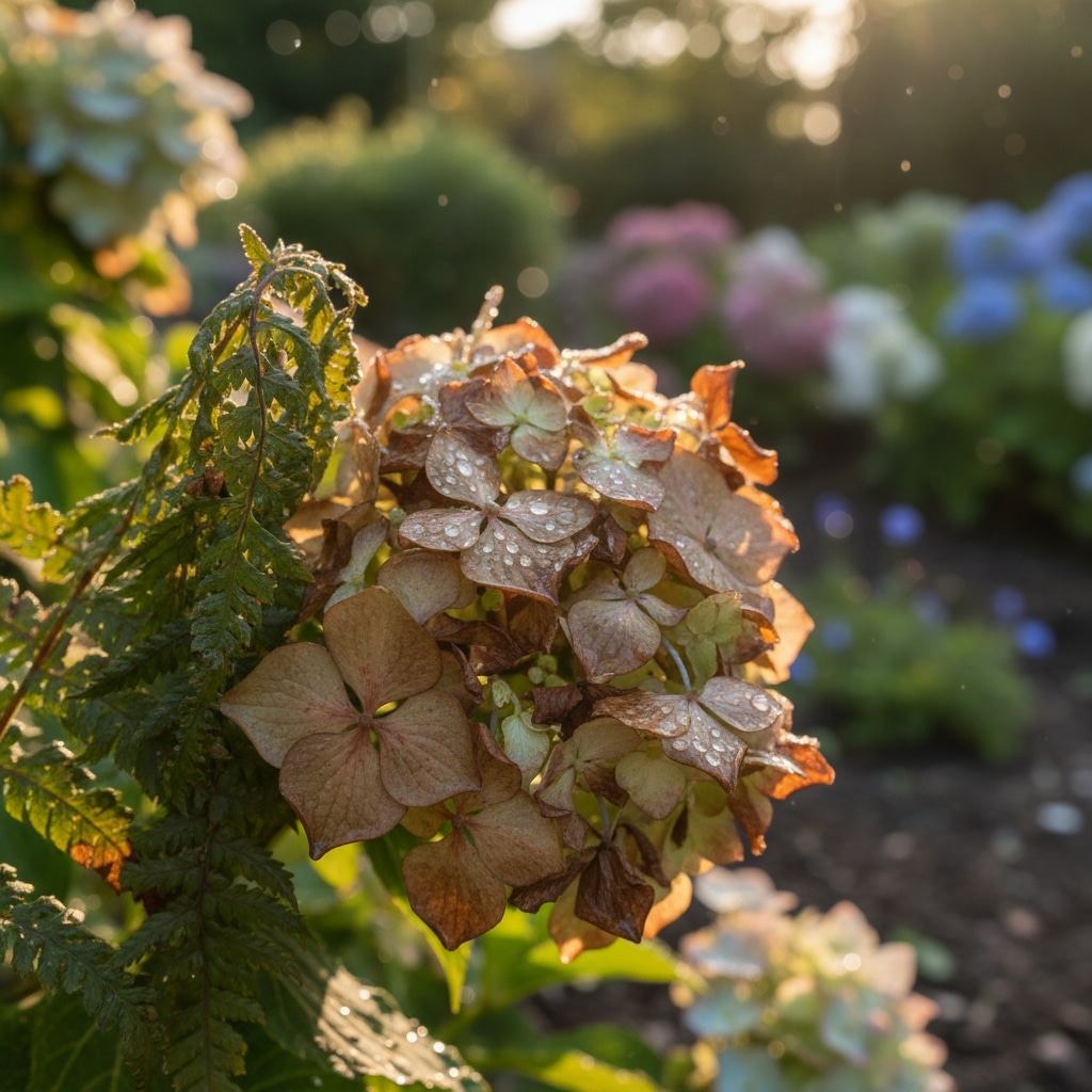 Hortênsias e samambaias que sofrem no calor